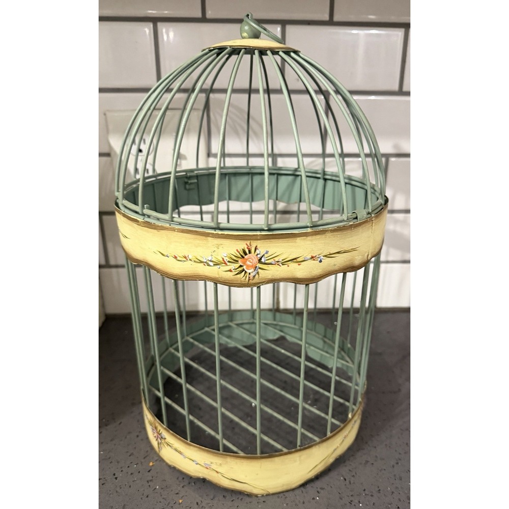 Vtg Victorian Style Decorative Birdcage Green Metal Floral Cottage Core